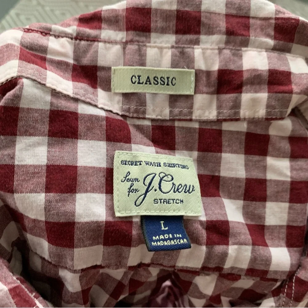 J. Crew Plaid Gingham Checkered Long Sleeve Button Down Men's Red Shirt Large